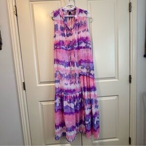Love By Design Sleeveless Pink Purple Tie-Dye Maxi Dress Cover-Up Tie Waist Sz L